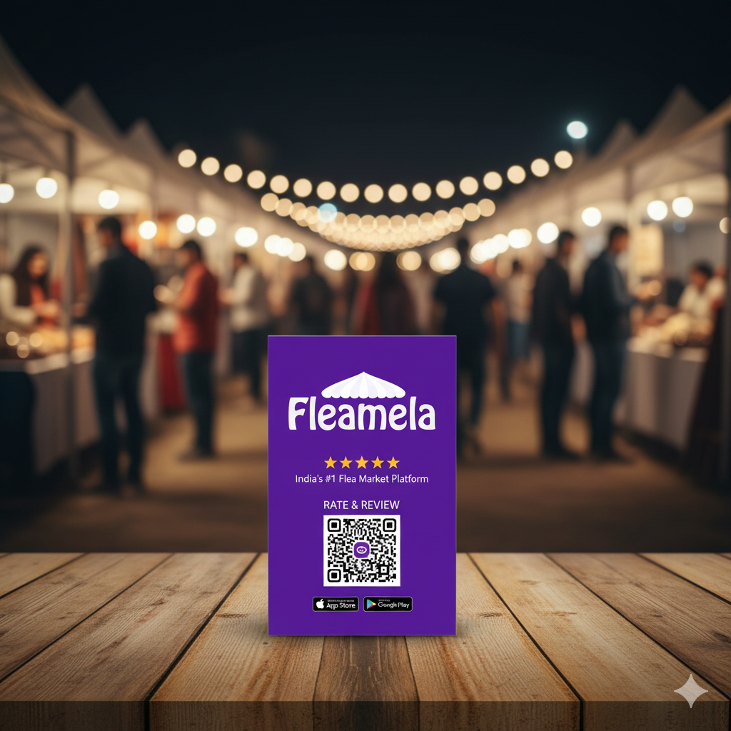 Fleamela QR code review standee for vendors to collect customer feedback and ratings at flea markets